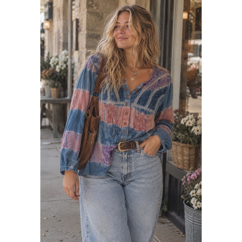 Namrata Tie Dye Embroidered Boho Blouse Blue Pink Rayon Button Up Top L/XL